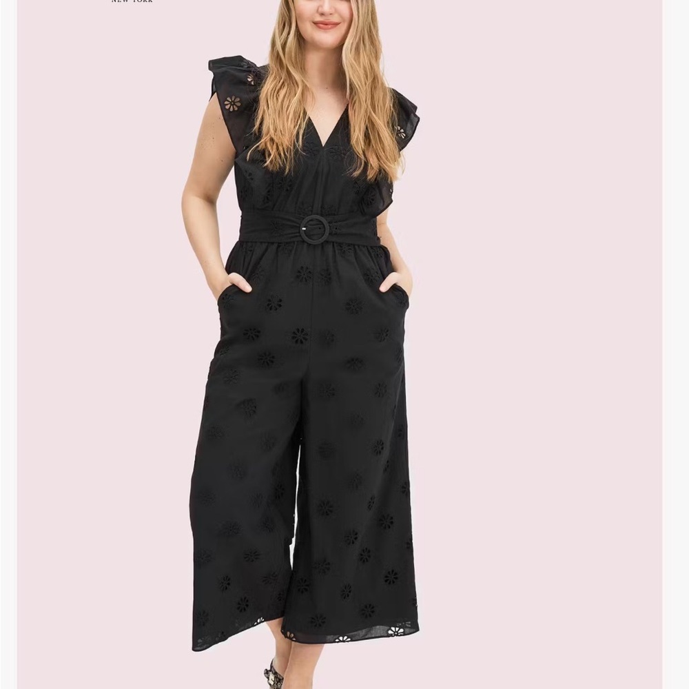 Kate Spade New York Clover Eyelet Jumpsuit‎ Black Sz 00 belt - Picture 2 of 8